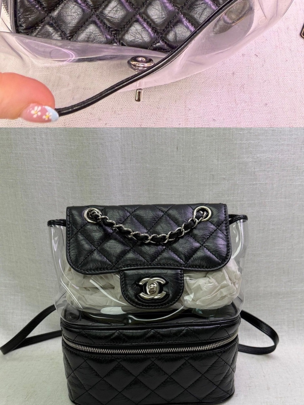 Chanel- Authentic PVC Backpack Kylie wore Black Quilted Clear Flap Shoulder Bag